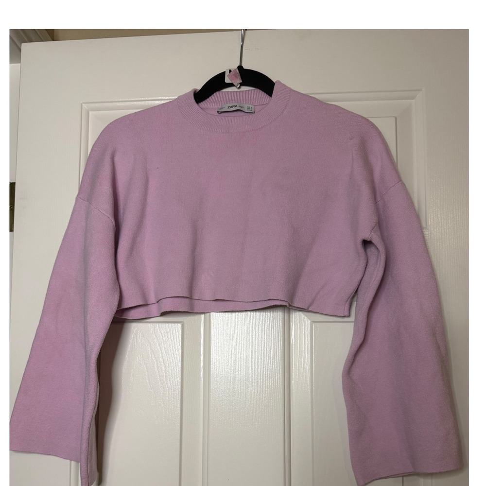 Zara Knit Women Lilac Pink Cropped Sweater Long Sleeve Boxy Crew Neck Size S